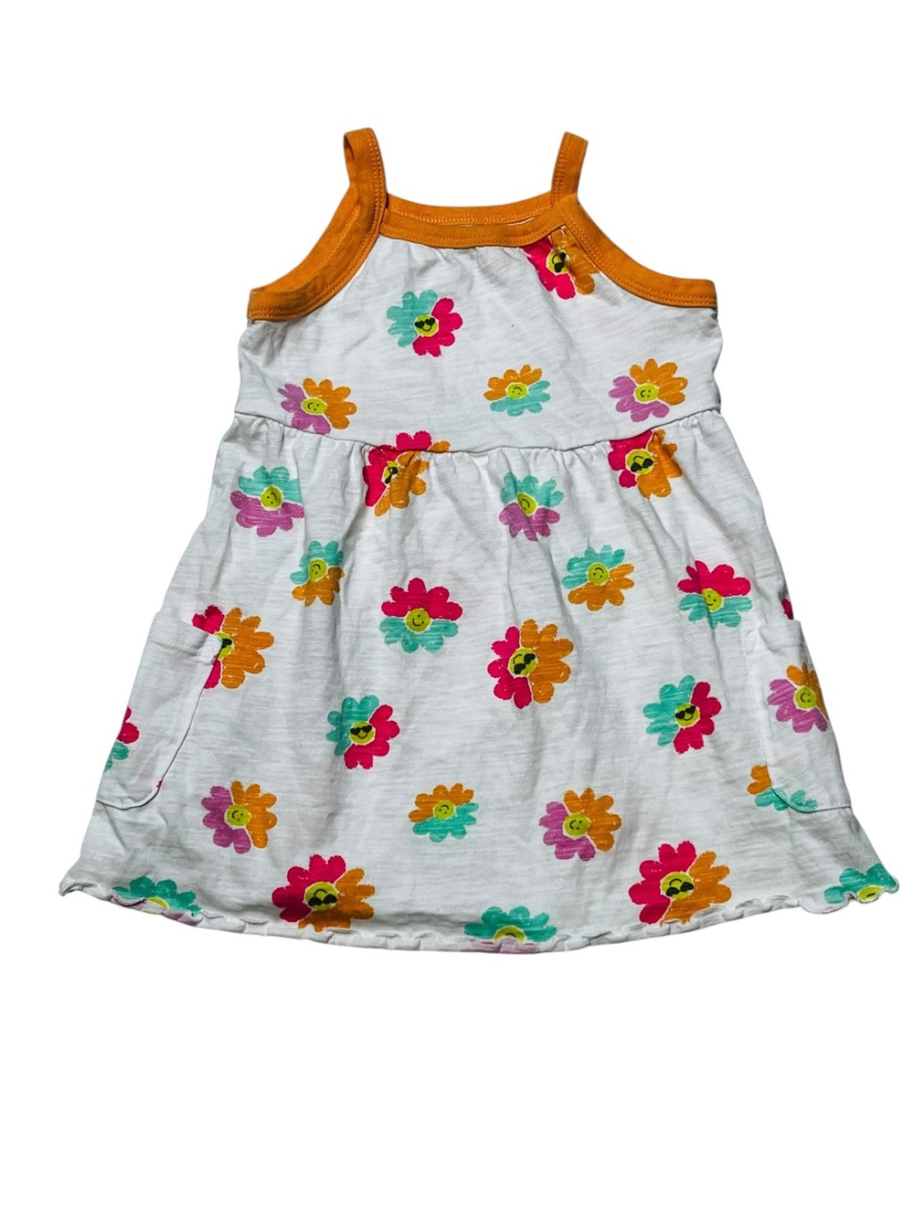 George White Dress with Orange Trim and Multi-Color Floral Print